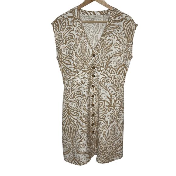 Loft Women Short Sleeve Linen Blend Button Front Dress 6 Tan Cream Floral V Neck - Picture 3 of 11